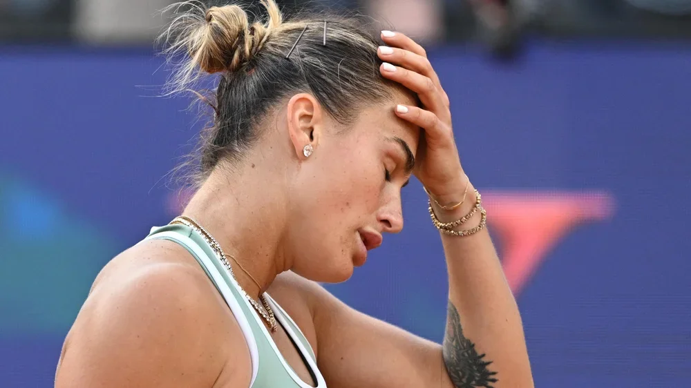 Aryna Sabalenka reacts to a missed point during her loss to Sorana Cirstea at the Italian Open